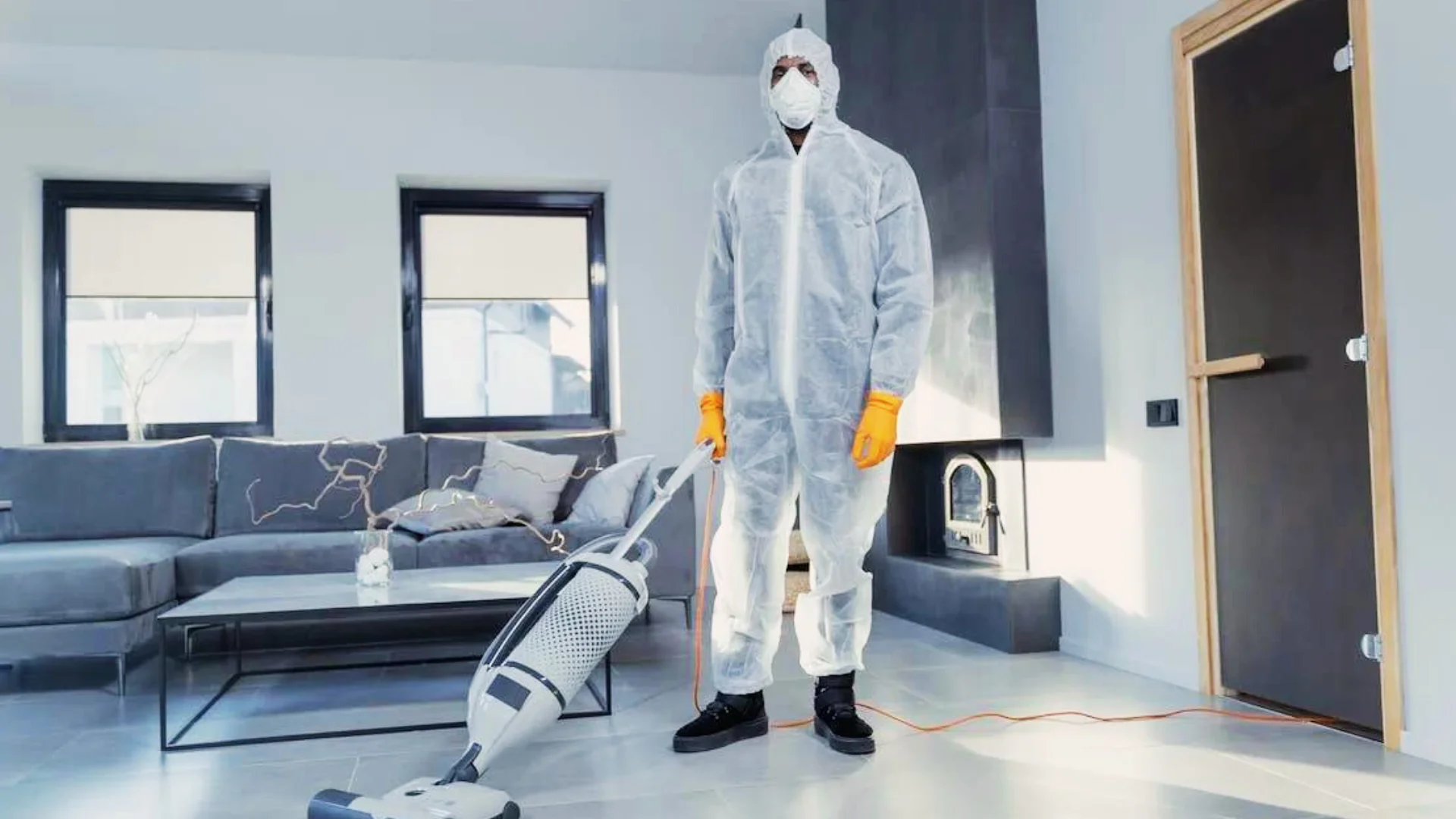 a man covered in full suit cleaning the living room