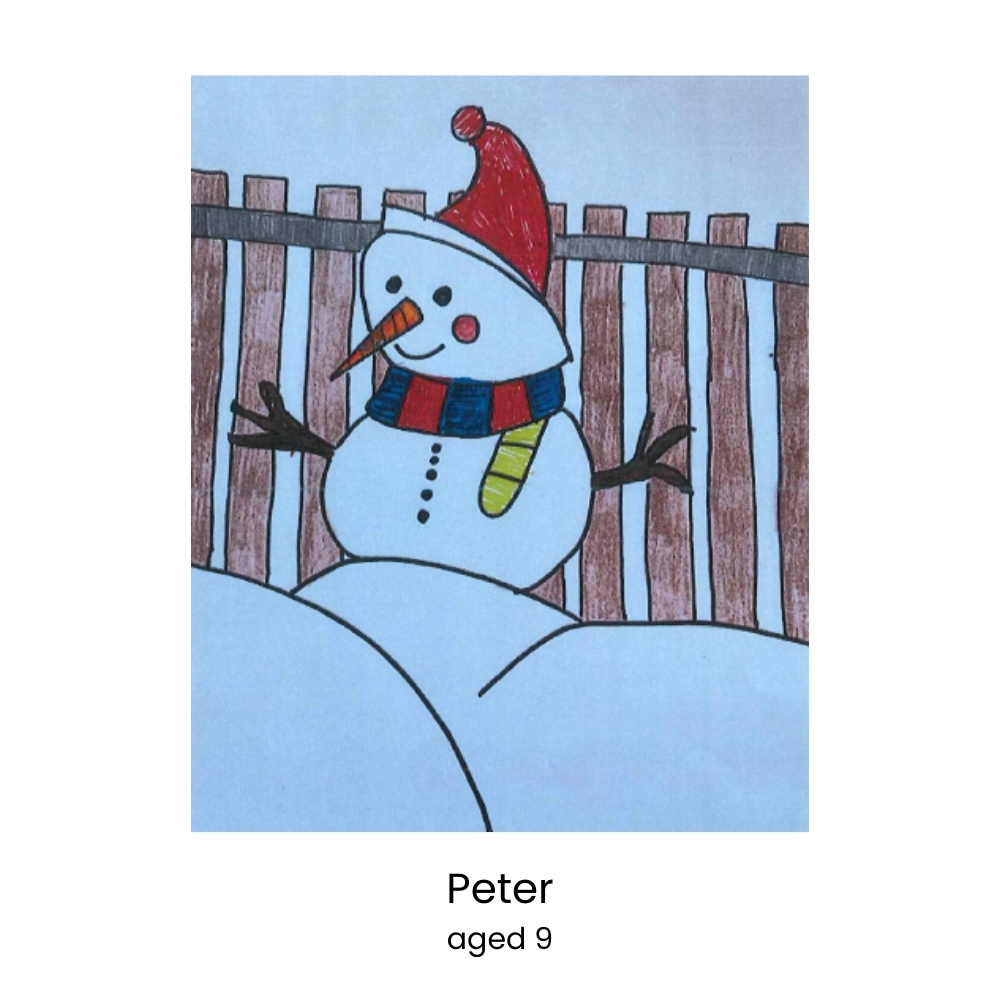 Child's drawing of a cheerful snowman with a red hat.