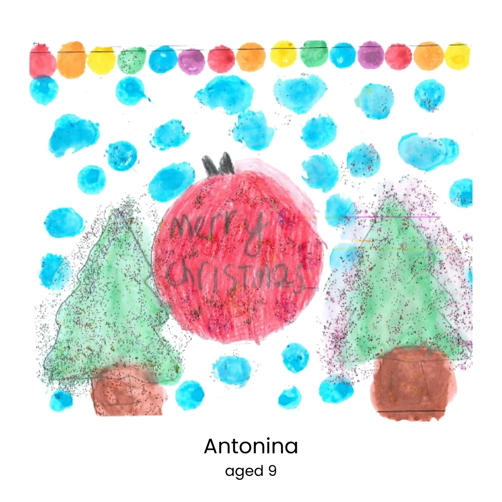 Child's Christmas artwork with trees and baubles.