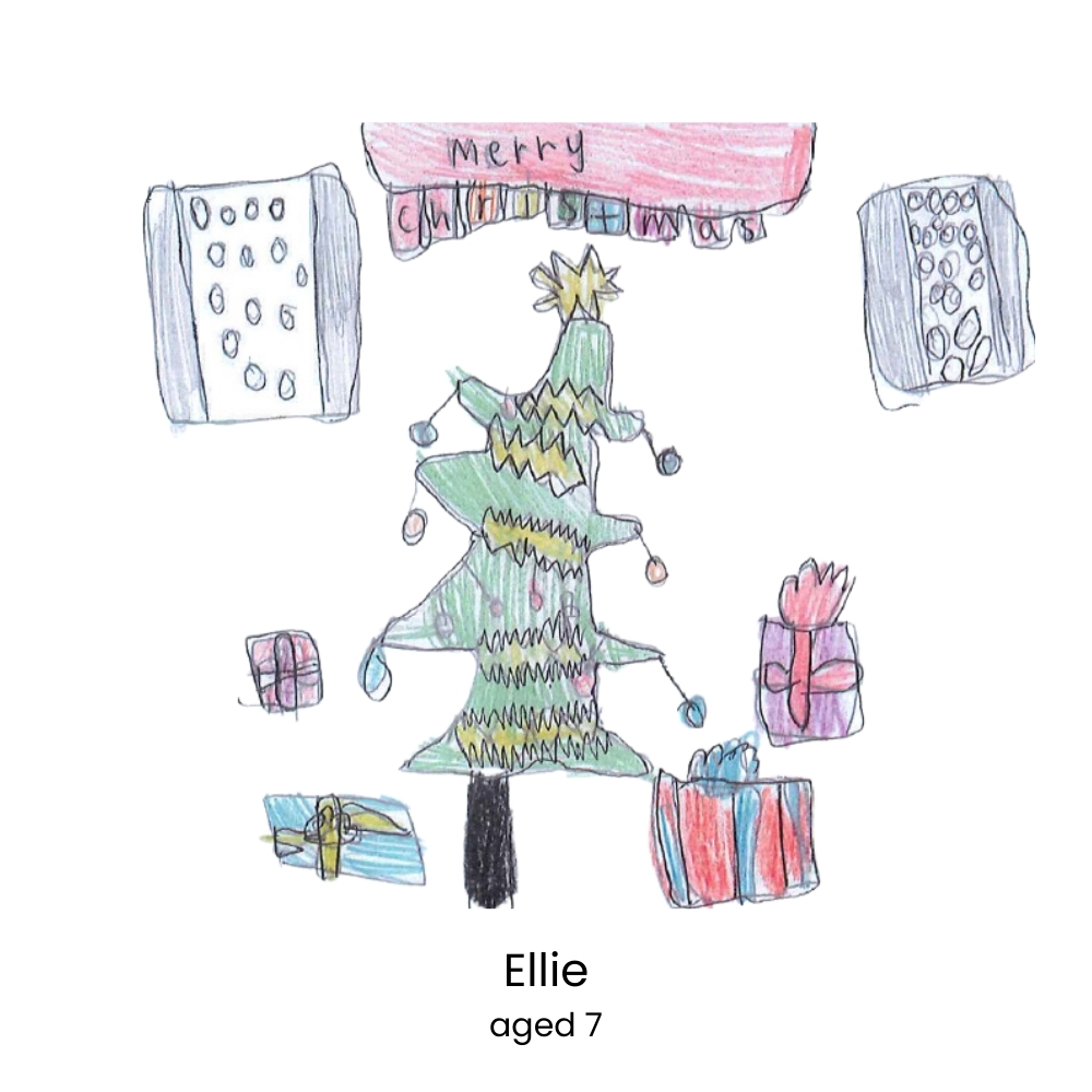 Child's drawing of Christmas tree and presents.