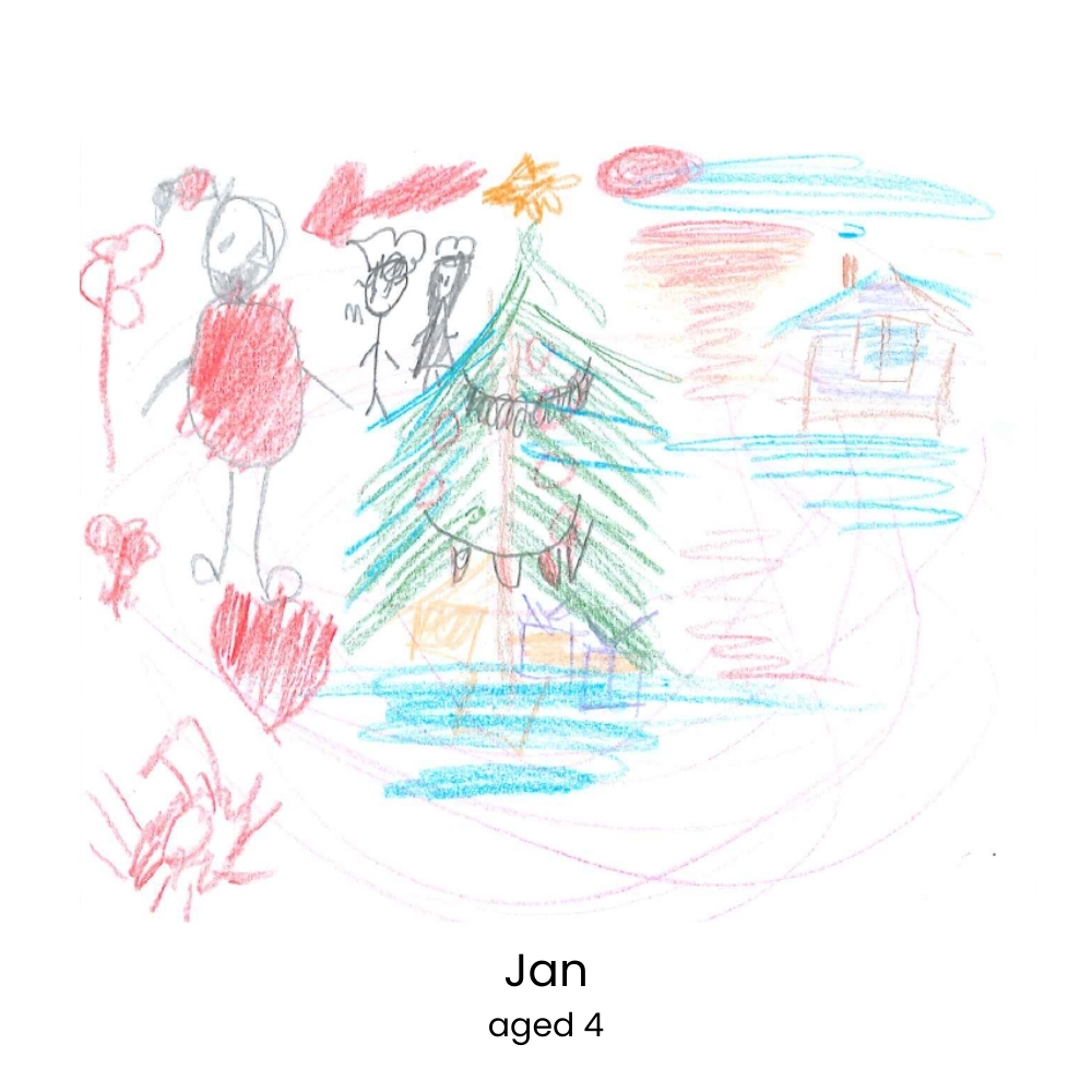 Child's drawing of a festive scene with Christmas tree.