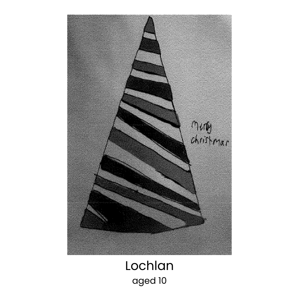 Child's striped Christmas tree drawing by Lochlan, aged 10.