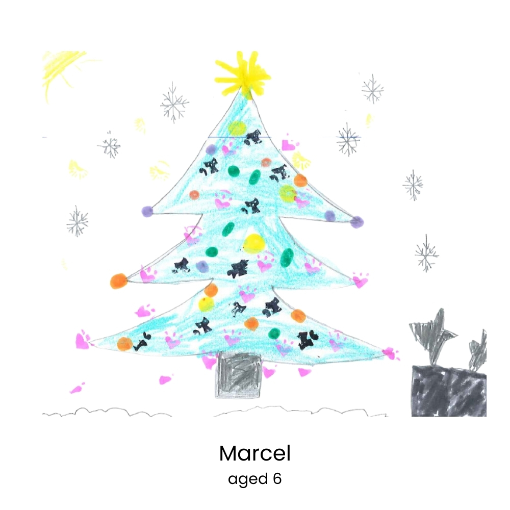 Child's colorful Christmas tree drawing by Marcel, age 6.