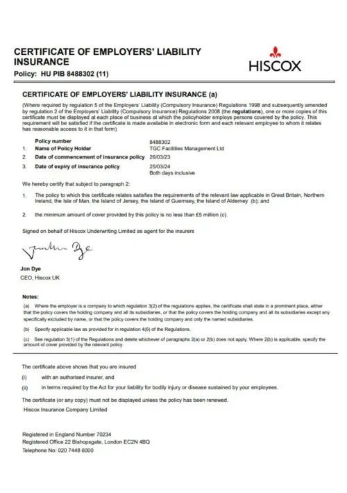 hiscox certificate of Employers Liability