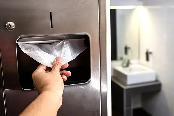 Person pulling paper towel from dispenser in restroom.