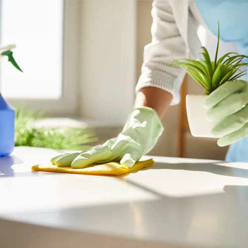 Person dusting table with plant and cleaning spray.