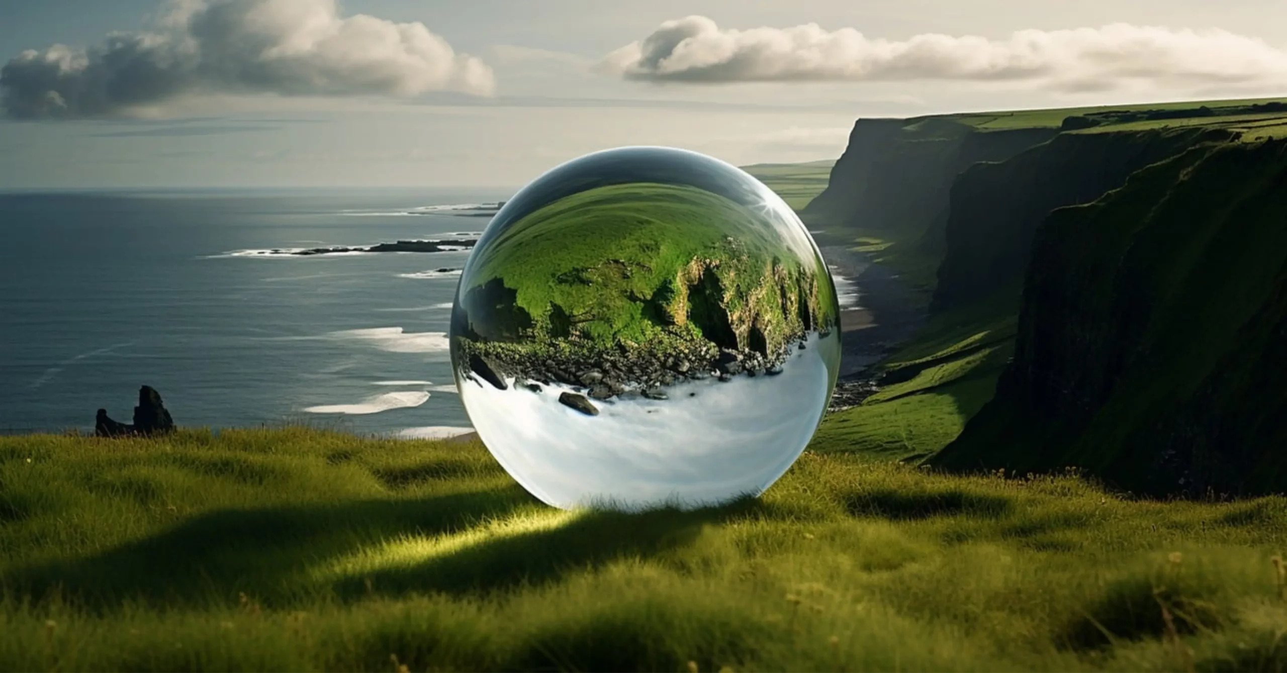 Reflective sphere on a coastal cliffside landscape.
